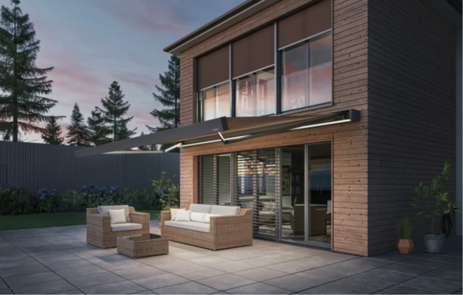 Moderne Holzhaus-Terrasse mit Markise und Loungemöbeln im Abendlicht